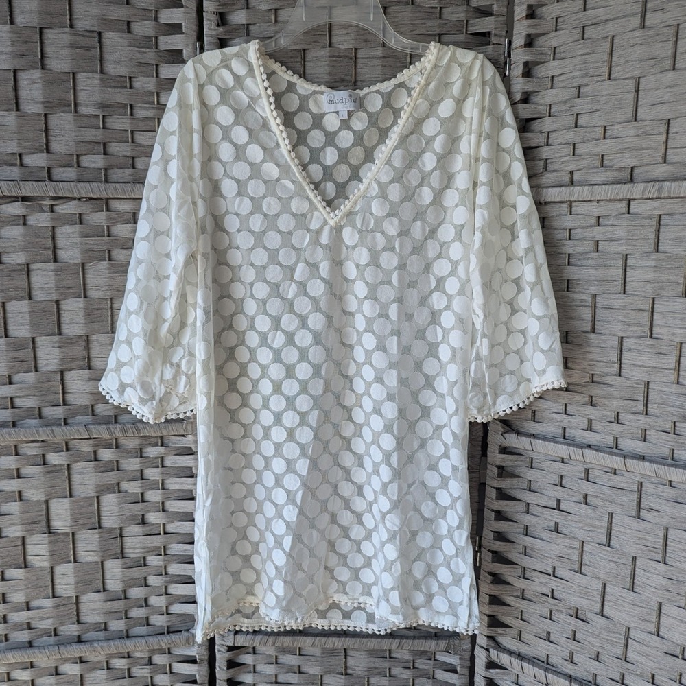 Mud Pie Swim Cover Up White Polka Dot Mesh Pom Pom Trim Womens Sz L Resortwear